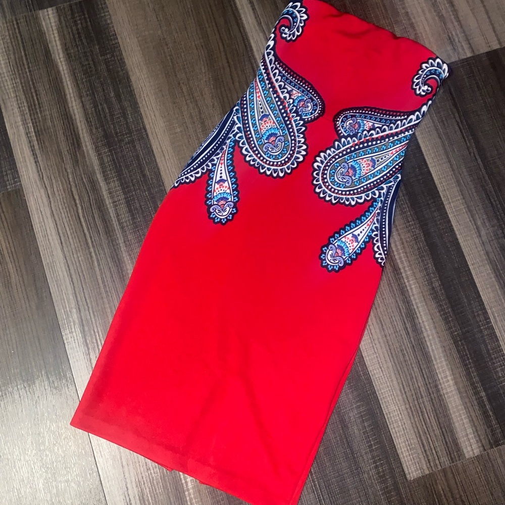 Express Elegant Red Paisley Strapless Dress